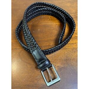Men's Black Braided Woven Faux Leather Belt Size 42/105 Silver Buckle Casual